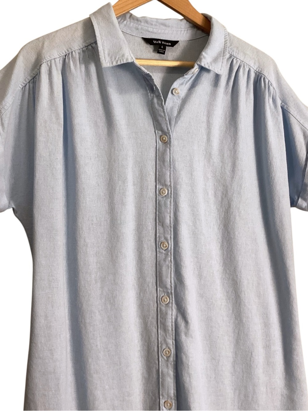 Well Worn Maggie Linen Blend Shirt Dress Pale Blue Button Front Coastal Large - Picture 3 of 12